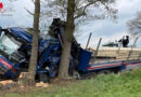 D: Eingeklemmter Holztransporter-Brummifahrer bei Riede nach Kollision mit Baum befreit